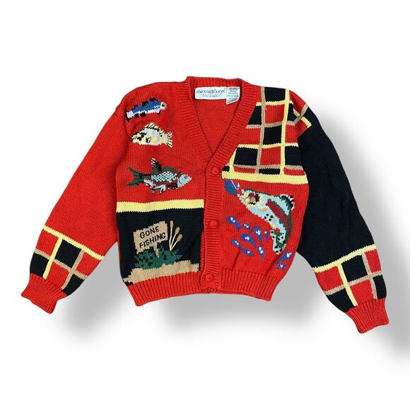 The Eagles Eye Vintage 90s Kids Gone Fishing‎ Cardigan Sweater Size L(6-7) - Picture 1 of 6